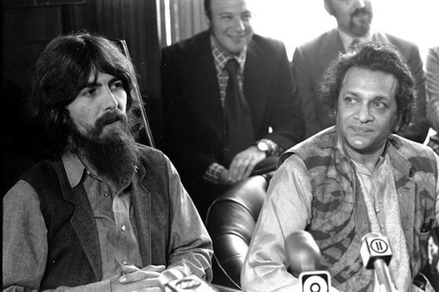 George Harrison and Ravi Shankar speak to reporters about be