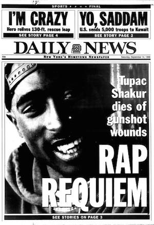 Tupac Shakur shot dead headline