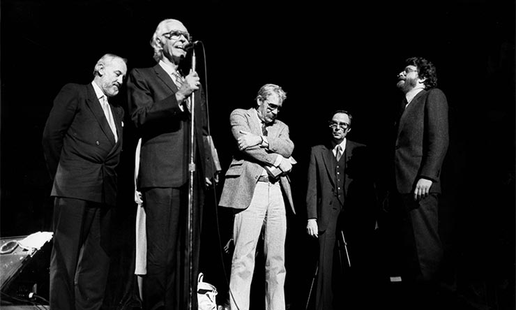 1985 Town Hall reunion concert L-R Bruce Lundvall Alfred Lion Reid Miles Rudy Van Gelder Michael Cuscuna