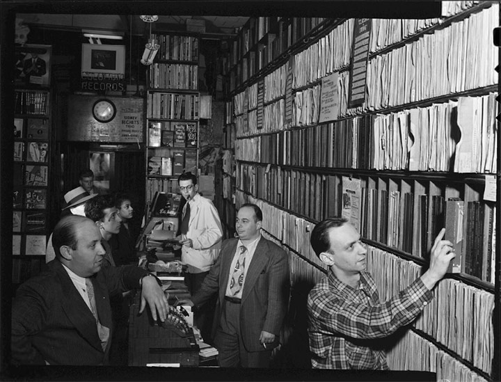 Milt Gabler, Herbie Hill, Lou Blum, and Jack Crystal (Billy Crystal’s father) at Gabler’s Commodore Record Shop, New York, 1947, William Gottlieb