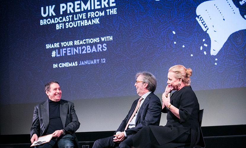 Jools Holland, Eric Clapton and Lili Fini Zanuck at the premiere of Eric Clapton Life in 12 Bars. Credit: @stillmoving 2