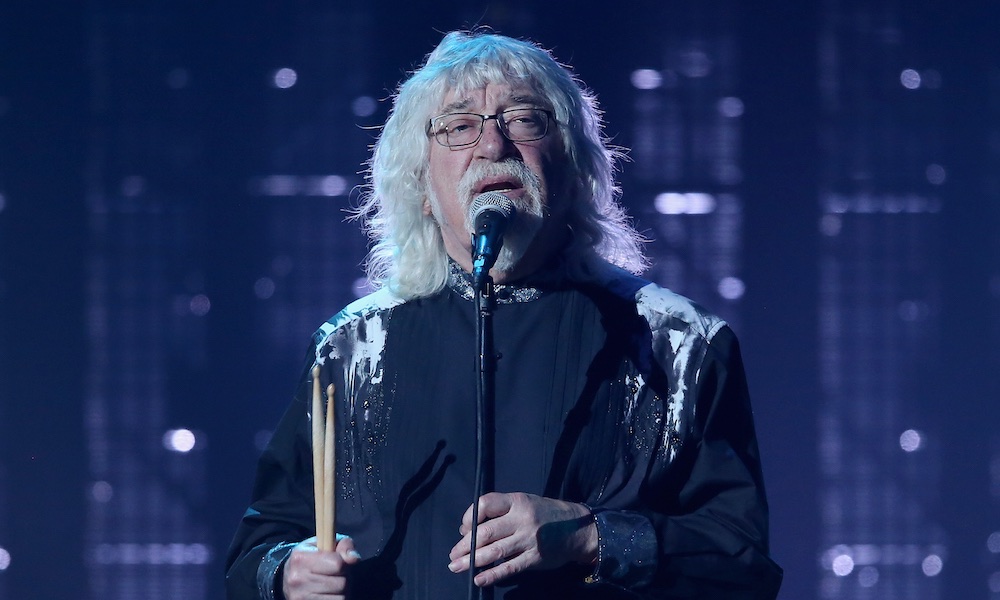 Graeme Edge photo: Kevin Kane/Getty Images For The Rock and Roll Hall of Fame
