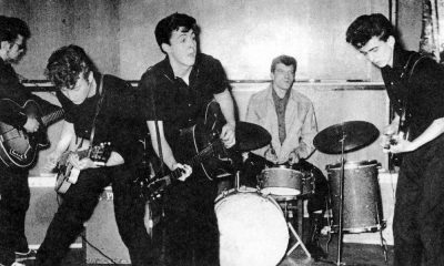 The Silver Beatles, as they then were, on stage in Liverpool in 1960 with Stuart Sutcliffe at far left and Johnny Hutch sitting in on drums. Photo: Michael Ochs Archive/Getty Images