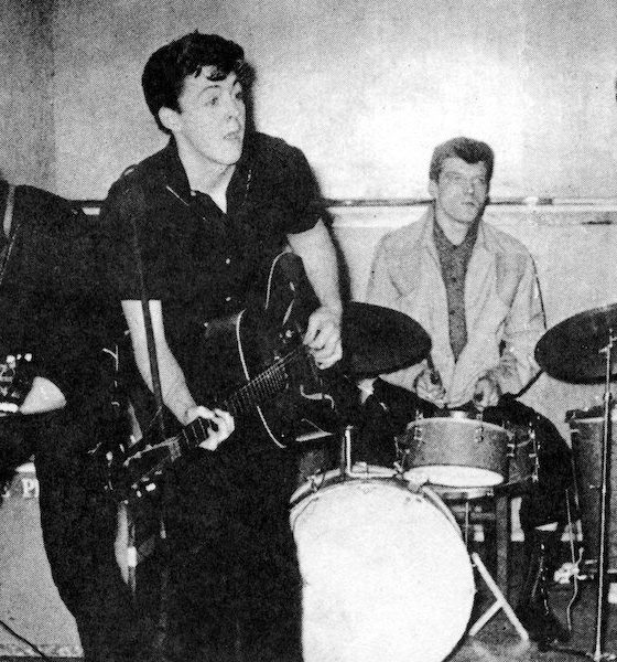 The Silver Beatles, as they then were, on stage in Liverpool in 1960 with Stuart Sutcliffe at far left and Johnny Hutch sitting in on drums. Photo: Michael Ochs Archive/Getty Images