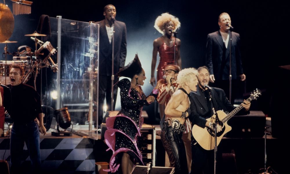 (L-R) Steve Winwood, Patti LaBelle, Phil Collins, and Billy Idol join The Who for 'Tommy' at the Universal Amphitheater in Los Angeles, California on August 24, 1989. Photo: Ebet Roberts/Redferns