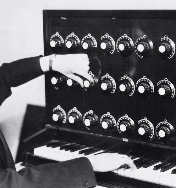 Prof. Theremin with his strange and weird instrument, device, the ether-wave-harmonium