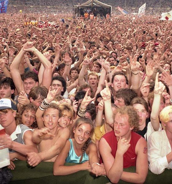 View of the cheering crowd in the audience at Live Aid