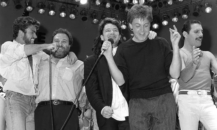 Paul McCartney, Bono, George Michael, Freddie Mercury and friend on stage at Live Aid