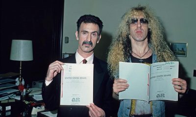 Frank Zappa and Dee Snider pictured at Senate testimony about the PRMC Filthy Fifteen