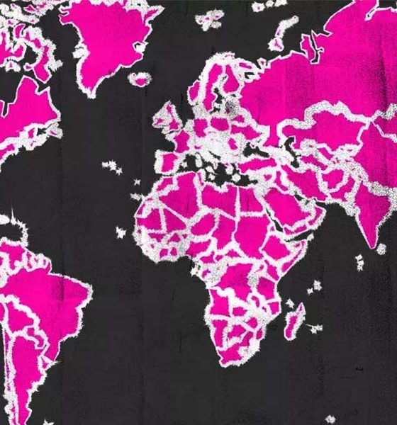 A map of the world with countries in pink, representing punk worldwide