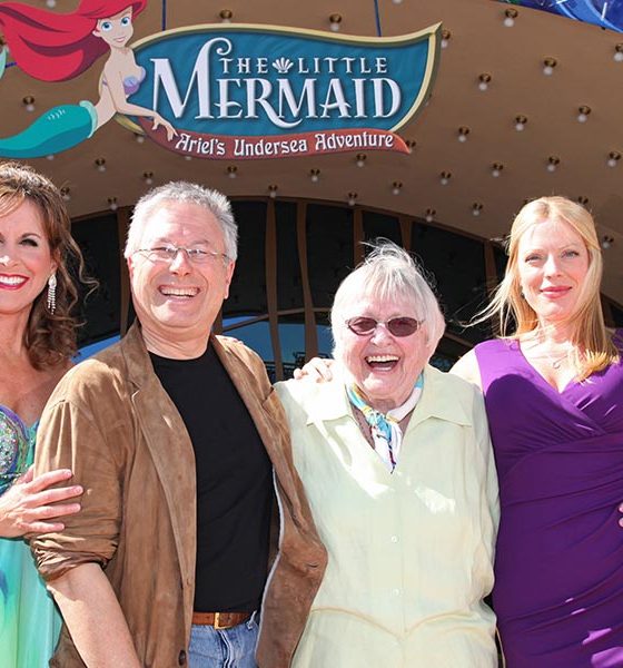 Jodie Benson, Poor Unfortunate Souls co-songwriter Alan Menken, Pat Carroll and Sherie Rene Scott pose together