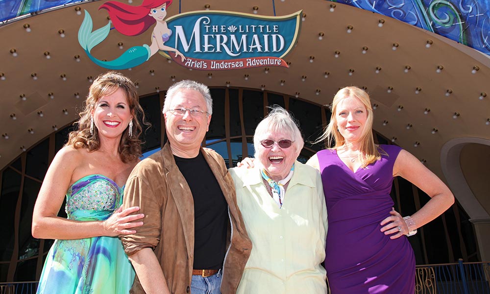 Jodie Benson, Poor Unfortunate Souls co-songwriter Alan Menken, Pat Carroll and Sherie Rene Scott pose together