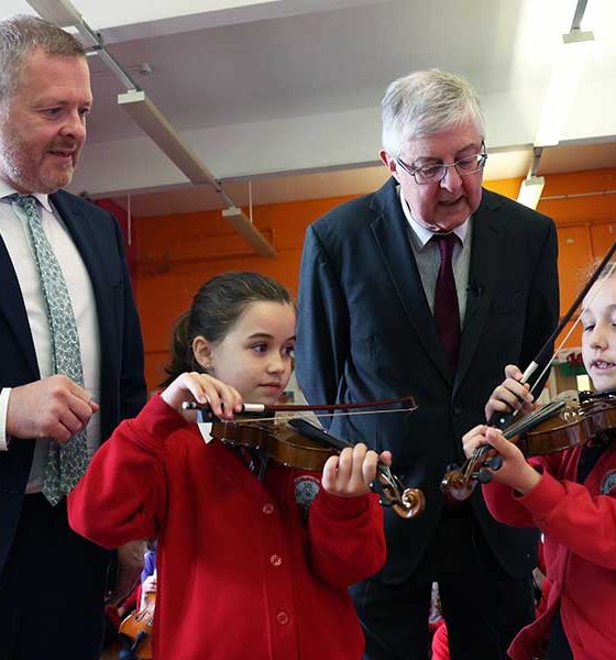 First Minister of Wales Mark Drakeford and the Minister for Education and the Welsh Language, Jeremy Miles launch the National Music Service