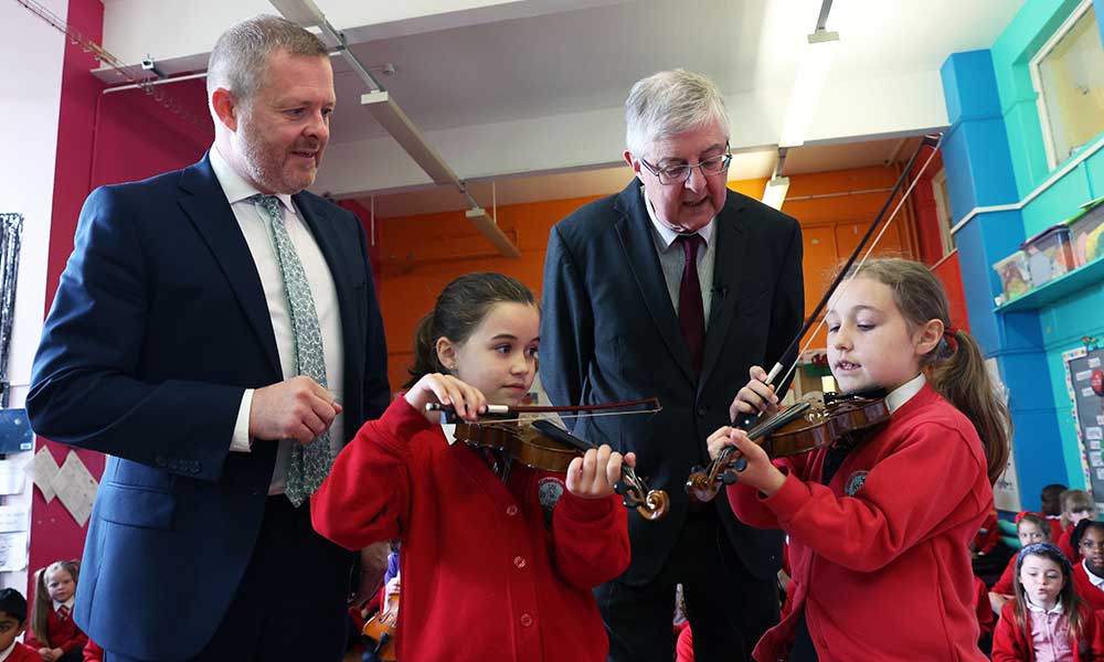 First Minister of Wales Mark Drakeford and the Minister for Education and the Welsh Language, Jeremy Miles launch the National Music Service