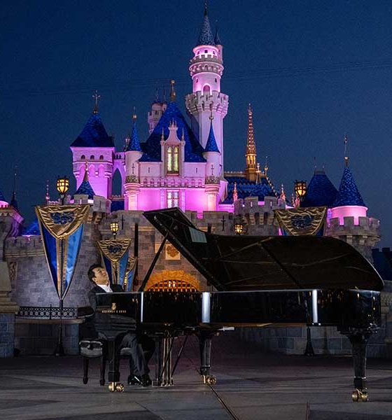 Lang Lang filming the music video for his new single ‘Feed the Birds’ at sunrise in front of Sleeping Beauty Castle at Disneyland Park in California