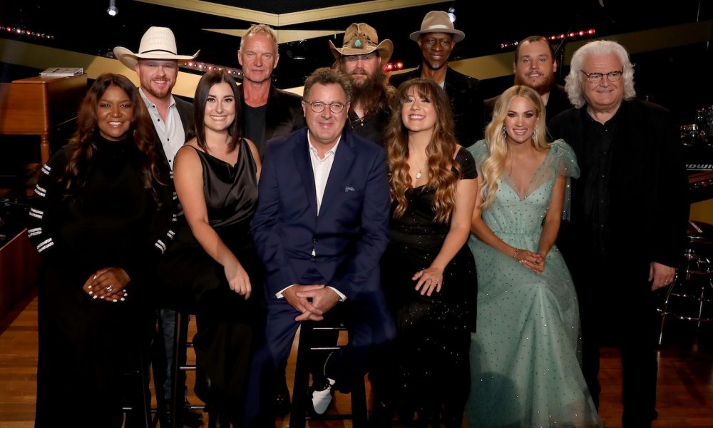 (Back row L-R) Cody Johnson, Sting, Chris Stapleton, Keb' Mo', Luke Combs and Ricky Skaggs, (front row L-R) Wendy Moten, Jenny Gill Van Valkenburg, honoree Vince Gill and Corrina Grant Gill and Carrie Underwood attend CMT Giants: Vince Gill at the Fisher Center for the Performing Arts in Nashville. Photo: Catherine Powell/Getty Images for CMT