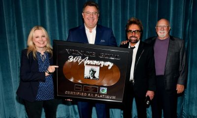 (L-R) Cindy Mabe (Universal Music Group Nashville), Vince Gill, Tony Brown (producer), Larry Fitzgerald (Gill’s manager). Photo: Jason Davis/Getty Images