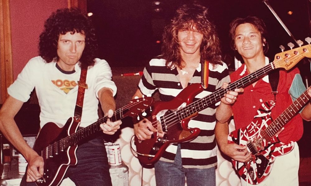 Brian May, Edward Van Halen, and Phil Chen at Record Plant Studios, April 1983. Photo: Courtesy of the artist